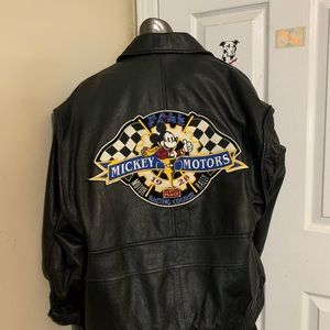 Mickey motor rally leather jacket. Embroidered pieces on front and back.